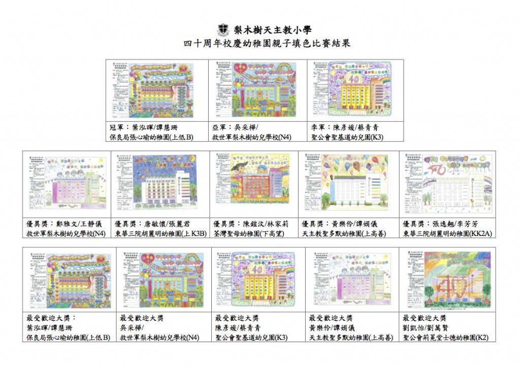 四十周年校慶幼稚園親子填色比賽結果